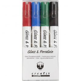 Glass & Porcelain Pens, black, blue, green, red, line 1-2 mm, semi opaque, 4 pc/ 1 pack [HOB-31336]