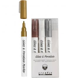 Glass & Porcelain Pens, brown, gold, silver, white, line 1-2 mm, semi opaque, 4 pc/ 1 pack [HOB-31337]
