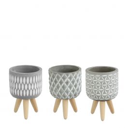 Plant pot Cement with wooden legs 15.5cm high (6 pcs.) [IFS-330139]