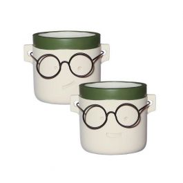 Plant pot  with glasses White/Green 2 ass. Ø7.5 h.7 cm (6 Pcs) [IFS-33102]
