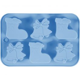 Silicone mould, light blue, christmas stockings and bells, hole size 60x75 mm, 12,5 ml, 1 pc/ 1 pack [HOB-37131]