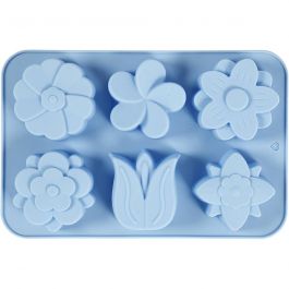 Silicone mould, light blue, flowers, H: 2,6 cm, L: 30 cm, W: 21 cm, hole size 60x75 mm, 75 ml, 1 pc [HOB-37135]