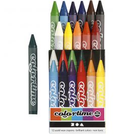 Colortime Wax Crayons, assorted colours, L: 10 cm, thickness 11 mm, 12 pc/ 1 pack [HOB-38137]