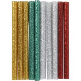 Glue Gun Sticks, gold, green, red, silver, L: 10 cm, glitter, 10 pc/ 1 pack [HOB-39137]
