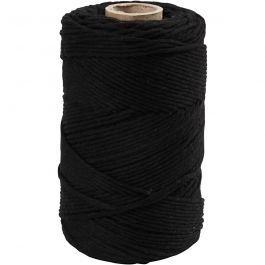 Macramé cord, black, L: 198 m, D: 2 mm, 330 g/ 1 roll [HOB-414765]