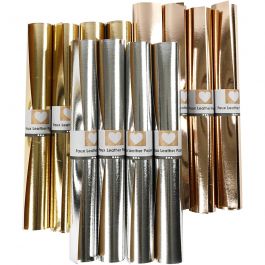 Faux Leather Paper, gold, silver, rose gold, W: 49 cm, thickness 0,55 mm, one coloured,foil, 12x1 m/ 1 pack [HOB-49894]