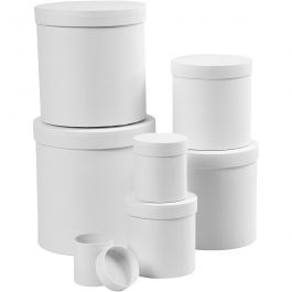 Boxes, white, round, H: 7,5+10,2 +12,7+15,2 +17,7+20,2 +22,7 cm, D: 7+9 +12+14,5 +17+19,5 +22 cm, 7 pc/ 1 set [HOB-50438]