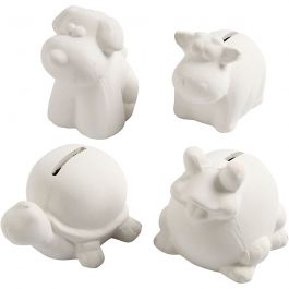 Animal Saving Banks, white, H: 7-10 cm, 4 pc/ 1 box [HOB-50501]