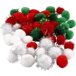 Pompoms, green, red, white, D: 15+20 mm, 48 asstd./ 1 pack [HOB-51881]