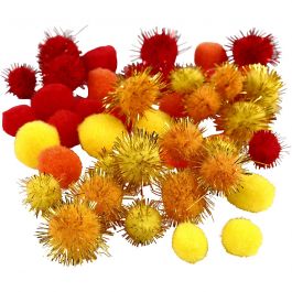 Pompoms, orange, red, yellow, D: 15+20 mm, 48 asstd./ 1 pack [HOB-51882]