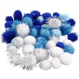 Pompoms, light blue, dark blue, white, D: 15+20 mm, 48 asstd./ 1 pack [HOB-51883]