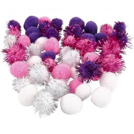 Pompoms, purple, light red, white, D: 15+20 mm, 48 asstd./ 1 pack [HOB-51884]