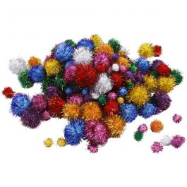 Pompoms, bold colours, D: 15-40 mm, glitter, 62 g/ 1 pack [HOB-518920]