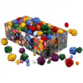 Pompoms, bold colours, D: 15-40 mm, glitter, 400 g/ 1 pack [HOB-51892]