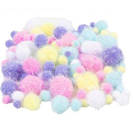 Pompoms, dia. 15-40 mm, glitter, pastel colours, 62 g/ 1 pack [HOB-518950]