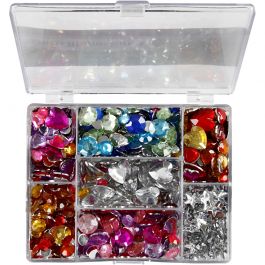 Rhinestones in Display Box, blue, pink, silver, Rounds. stars. hearts, D: 6+7+9+10+11+12+14+16 mm, 300 pc/ 1 pack [HOB-52315]