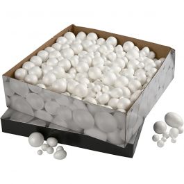 Polystyrene Balls & Eggs, white, size 1,5-6,1 cm, 550 pc/ 1 pack [HOB-54379]