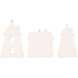 Hanging ornaments, white, houses, H: 7,6-9,7 cm, 3 pc/ 1 pack [HOB-555170]