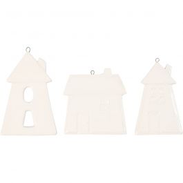 Hanging ornaments, white, houses, H: 7,6-9,7 cm, 18 pc/ 1 box [HOB-55517]