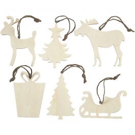 Christmas Ornaments, size 7-9 cm, thickness 4 mm, plywood, 6pcs