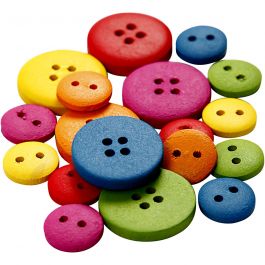 Wooden Buttons, assorted colours, D: 12-20 mm, 2-4 holes, 360 pc/ 1 pack [HOB-56684]