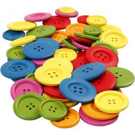 Wooden Buttons, assorted colours, D: 25-40 mm, 2-4 holes, 144 pc/ 1 pack [HOB-56689]