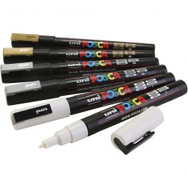 Posca Marker, gold, silver, white, no. PC-3M, line 0,9-1,3 mm, 6 asstd./ 1 pack [HOB-384097]