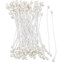 Flower Stamens, L: 6,4 cm, dia. 2 mm, white - mother-of-pearl, 100 pc/ 1 pack [HOB-610352]