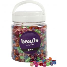 Dice Bead Mix, assorted colours, size 7x7 mm, hole size 1,5 mm, 700 ml/ 1 tub, 510 g [HOB-61786]