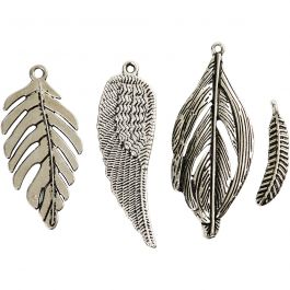 Feather, antique silver, D: 29-55 mm, hole size 12-20 mm, 4x10 pc/ 1 pack [HOB-63711]