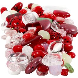 Glass beads, assorted colours, ladybirds, leaves, hearts, D: 5-22 mm, hole size 0,5-1,5 mm, 350 g/ 1 pack [HOB-68423]
