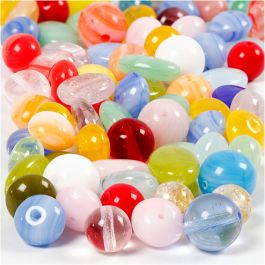 Glass beads, assorted colours, round, oval, circular, D: 6-13 mm, hole size 0,5-1,5 mm, 60 g/ 1 pack [HOB-684250]