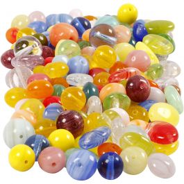 Glass beads, assorted colours, round, oval, circular, D: 6-13 mm, hole size 0,5-1,5 mm, 350 g/ 1 pack [HOB-68425]