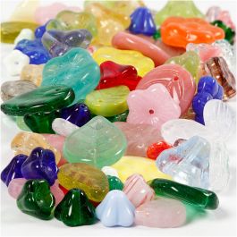 Glass beads, assorted colours, leaves, flowers, D: 6-17 mm, hole size 0,5-1,5 mm, 60 g/ 1 pack [HOB-684260]