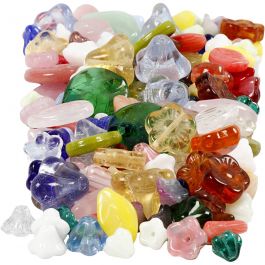 Glass beads, assorted colours, leaves, flowers, D: 6-17 mm, hole size 0,5-1,5 mm, 350 g/ 1 pack [HOB-68426]