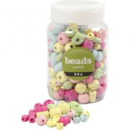 Wooden Beads, light blue, light green, light red, light yellow, D: 10-15 mm, hole size 3-5 mm, 400 ml/ 1 bucket [HOB-684690]