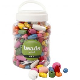 Wooden Beads, assorted colours, size 5-28 mm, hole size 2,5-3 mm, 400 ml/ 1 bucket, 175 g [HOB-684760]