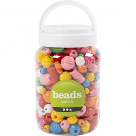 Wooden Beads, assorted colours, size 5-28 mm, hole size 2,5-3 mm, 400 ml/ 1 bucket, 175 g [HOB-684760]
