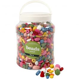 Wooden Beads, assorted colours, size 5-28 mm, hole size 2,5-3 mm, 2 L/ 1 bucket, 850 g [HOB-68476]