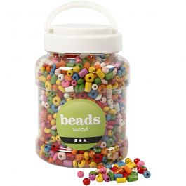 Wooden Beads, assorted colours, D: 5-8 mm, hole size 1,5 mm, 400 ml/ 1 bucket, 175 g [HOB-68480]