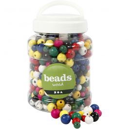 Wooden Beads, assorted colours, D: 8+10+12 mm, hole size 2-2,5 mm, 400 ml/ 1 bucket, 175 g [HOB-68481]
