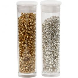 Rocaille Seed Beads, dia. 1,7 mm, size 15/0, hole size 0,5-0,8 mm, gold, silver, 2x7 g/ 1 pack [HOB-68685]