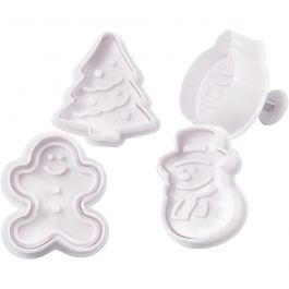 Cookie cutters with stamp, white, Christmas tree, snowman, gingerbread man, Christmas bauble, H: 5 cm, 4 pc/ 1 pack [HOB-782870]
