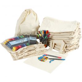 Drawstring and shopping bags with marker, assorted colours, size 27,5x30 cm, 1 set [HOB-97075]