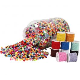 Bucket of Plastic Beads & Elastic Cords, 1 set [HOB-99658]