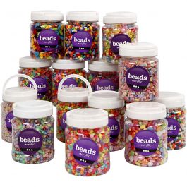 Plastic Beads, size 6-15 mm, hole size 1,5-6 mm, assorted colours, 16x700 ml/ 1 pack [HOB-99855]