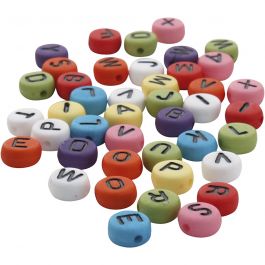 Round letter beads, dia. 7 mm, hole size 1-2 mm, thickness 4 mm, assorted colours, 500 g/ 1 pack [HOB-743077]