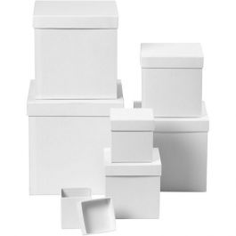 Boxes, square, size 7.5+10+13+15+18+20+23 cm, H: 7.5+10+13+15+18+20+23 cm, white, 7pcs [HOB50437]