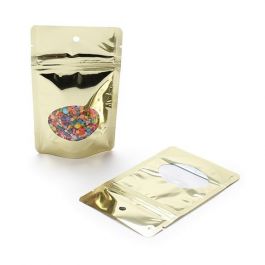 Stand Up Pouches Gold with oval Window 8x5x13cm | 28 grams with hang hole (100 pieces) [ZBGMO1SGH]