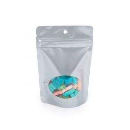 Silver Stand Up Zipper Pouch w/Oval Window  10 x 6 x 15cm with Hang Hole (100 Pieces) [ZBGO2SH]